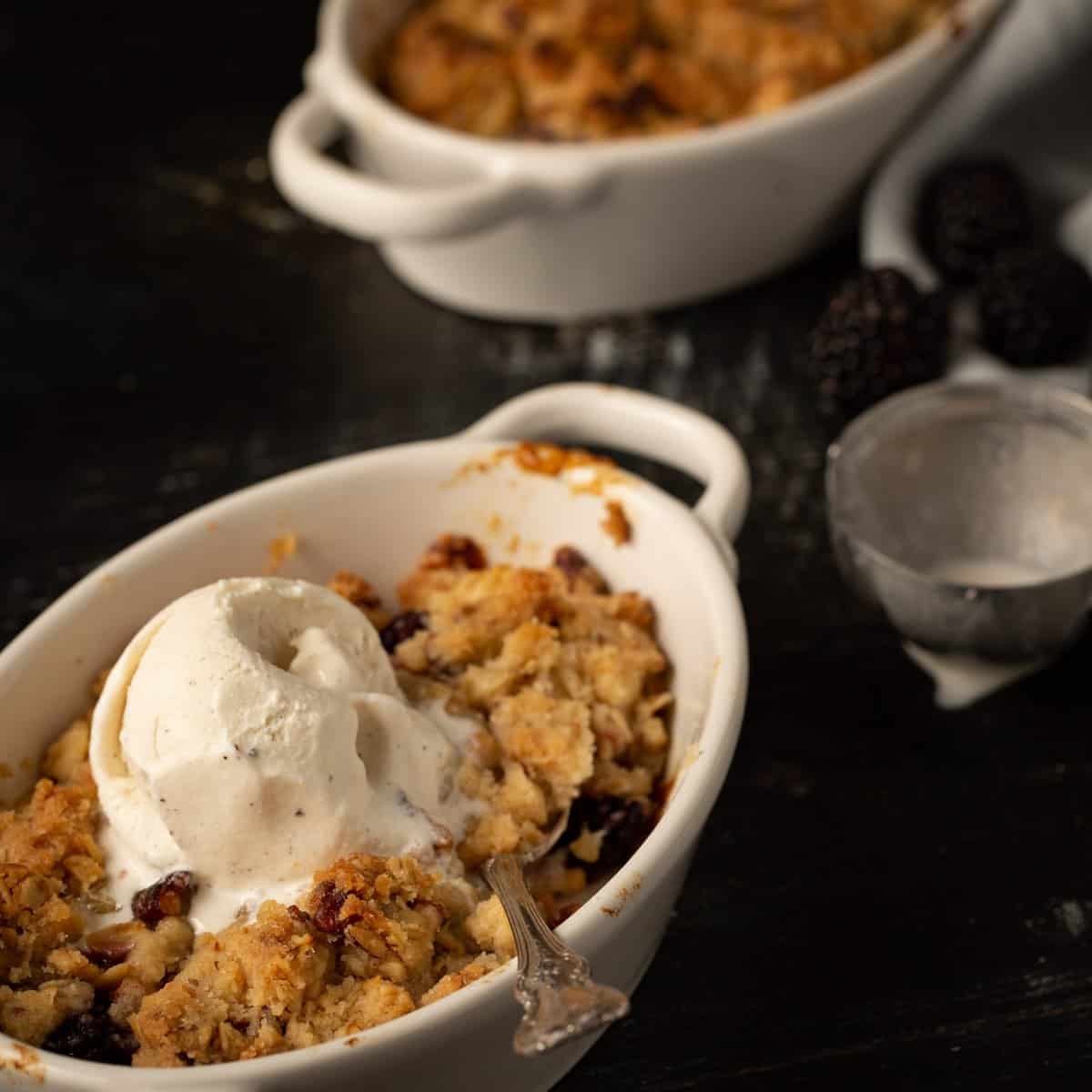 Apple blackberry crumble with vanilla ice cream in a white ramekin.