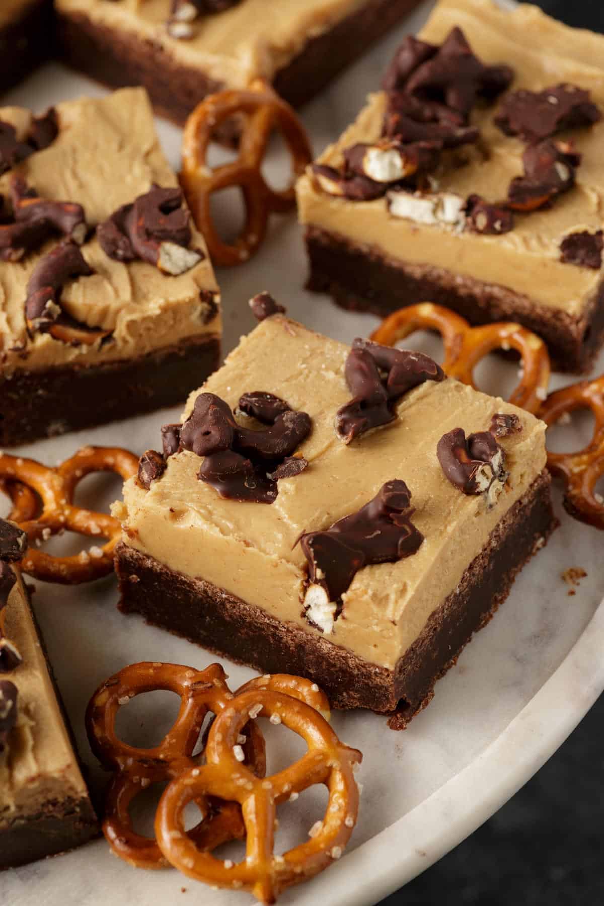 Peanut Butter Pretzel Brownies w/ chocolate covered pretzels