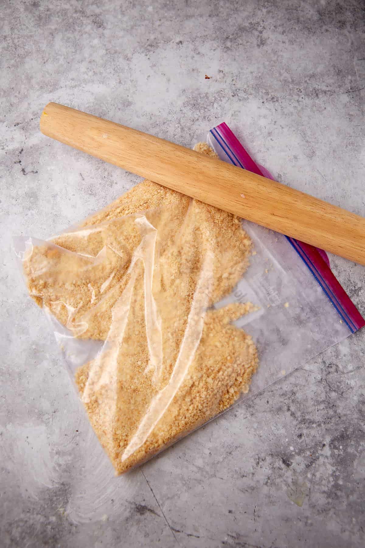 Ritz crackers crushed in a ziplock with a rolling pin.