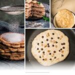 A collage shows stacked Banana Bread Pancakes dusted with powdered sugar, a bowl of batter with mashed bananas, a pancake with chocolate chips and walnuts cooking in a pan, and text reading “Buttermilk Banana Pancakes Recipe.”.