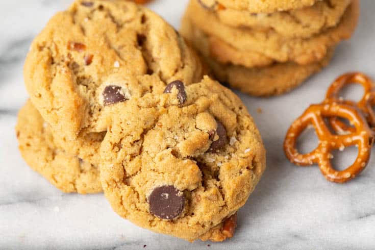 Pretzel Peanut Butter Cookies on a marble slab