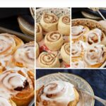 A collage featuring Pioneer Woman cinnamon rolls: unbaked rolls, baked in a pan, and finished with white icing, all served on decorative plates with a fork. Enjoy every stage of these delicious homemade treats.