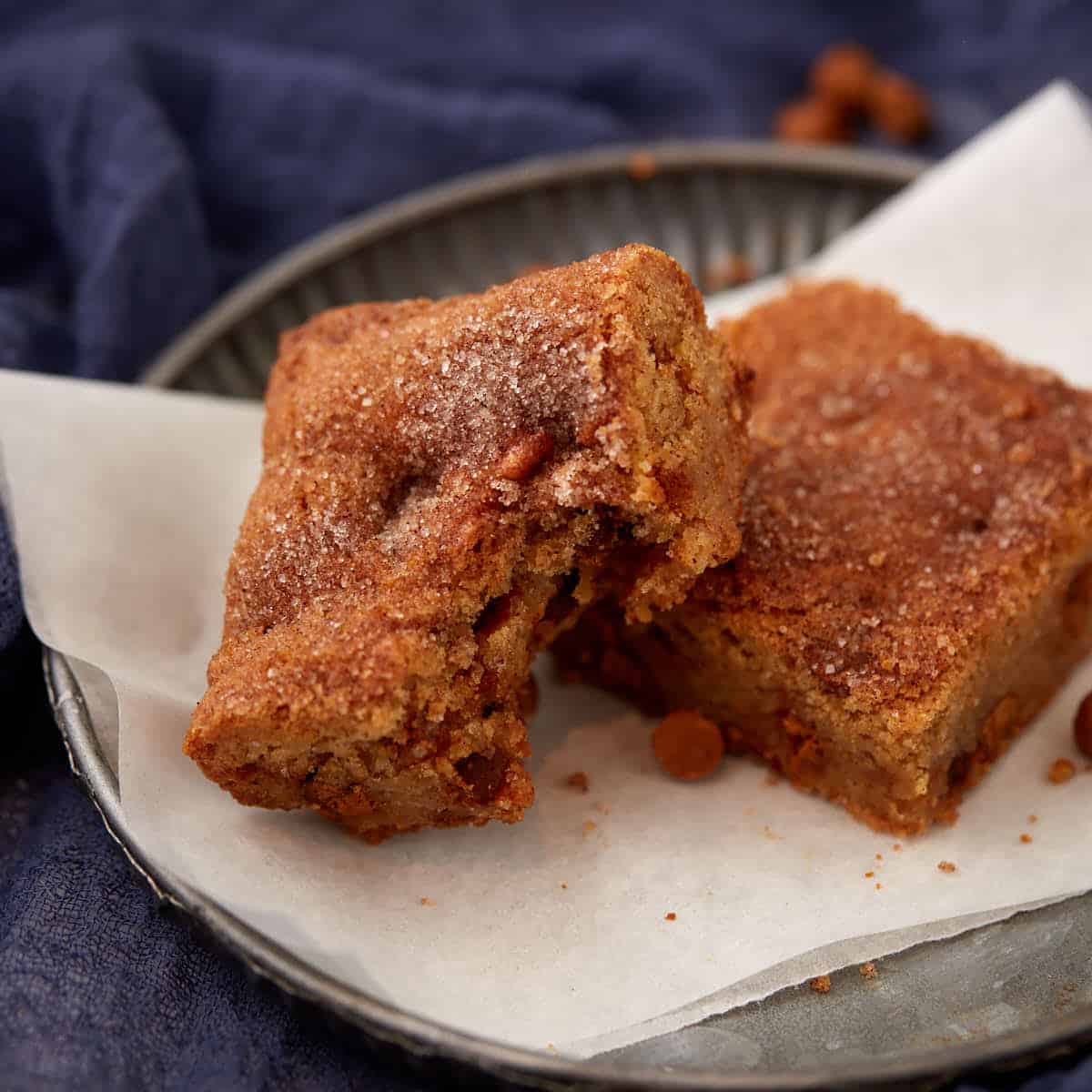 Two snickerdoodle blondies on a plate with a bite taken out.