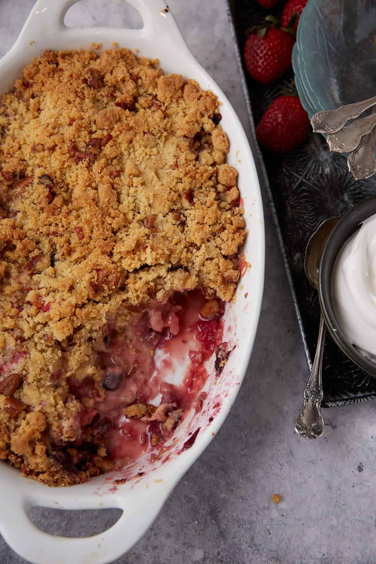 A baking dish of rhubarb and berry crisp.