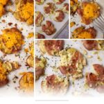 A collage shows smashed roasted new potatoes on parchment paper, some topped with melted cheddar cheese and herbs. The text reads "Boiled New Potatoes" and "Butter and Baggage.com.