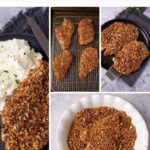 Collage of Nut Crusted Chicken, featuring a serving with mashed potatoes, raw chicken coated in nut mixture on a rack, cooked chicken on a plate, and a bowl of nut coating. Text above reads: "Nut Crusted Chicken with Lemon and Thyme.