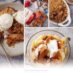 A collage features apple crisp with oatmeal topping in a baking dish, fresh apples and baking ingredients, plus a plate of oatmeal apple crisp served with vanilla ice cream. Text: “Easy Apple Crisp with Oatmeal.”.