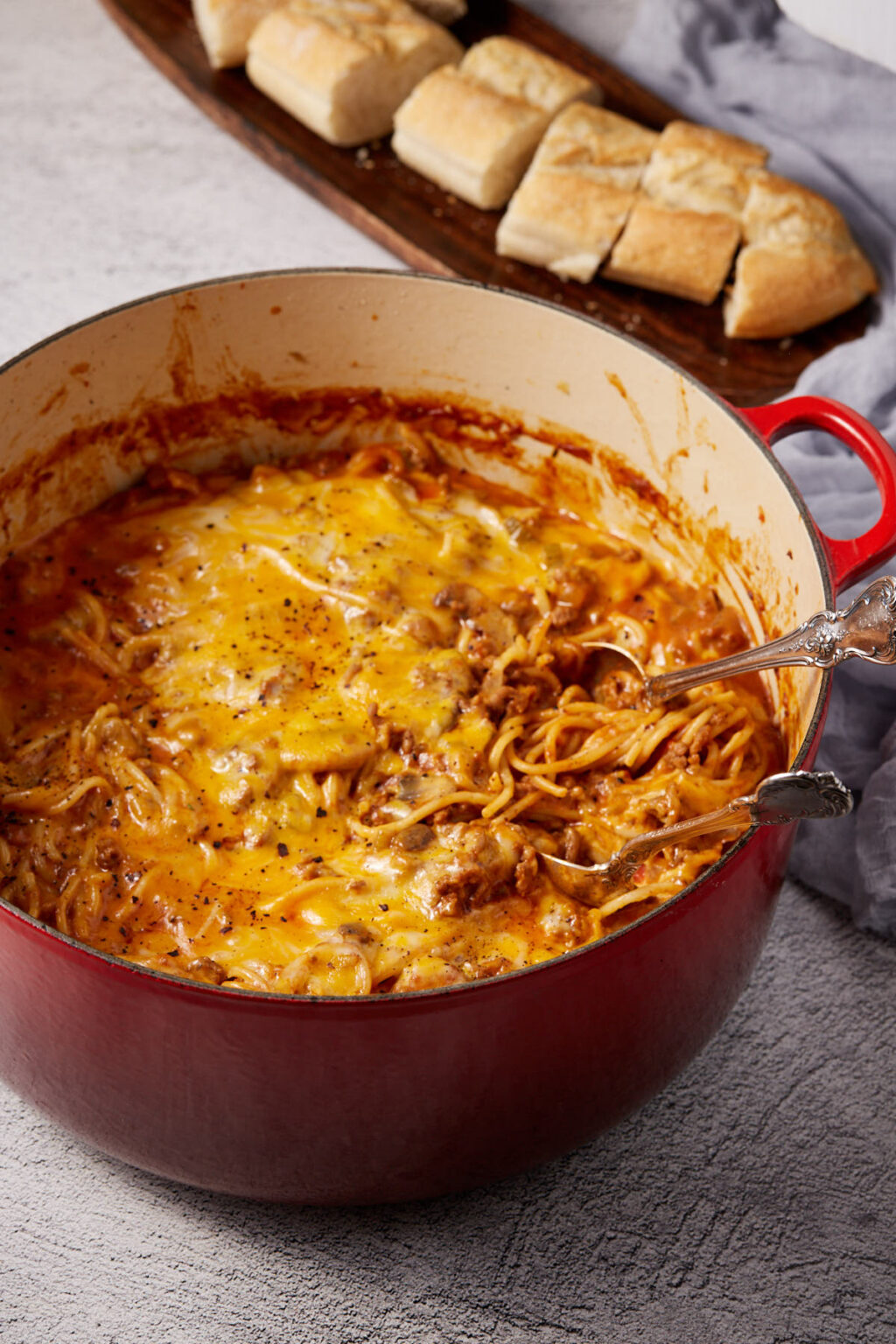 Cheesy Spaghetti Casserole with Ground Beef Butter & Baggage