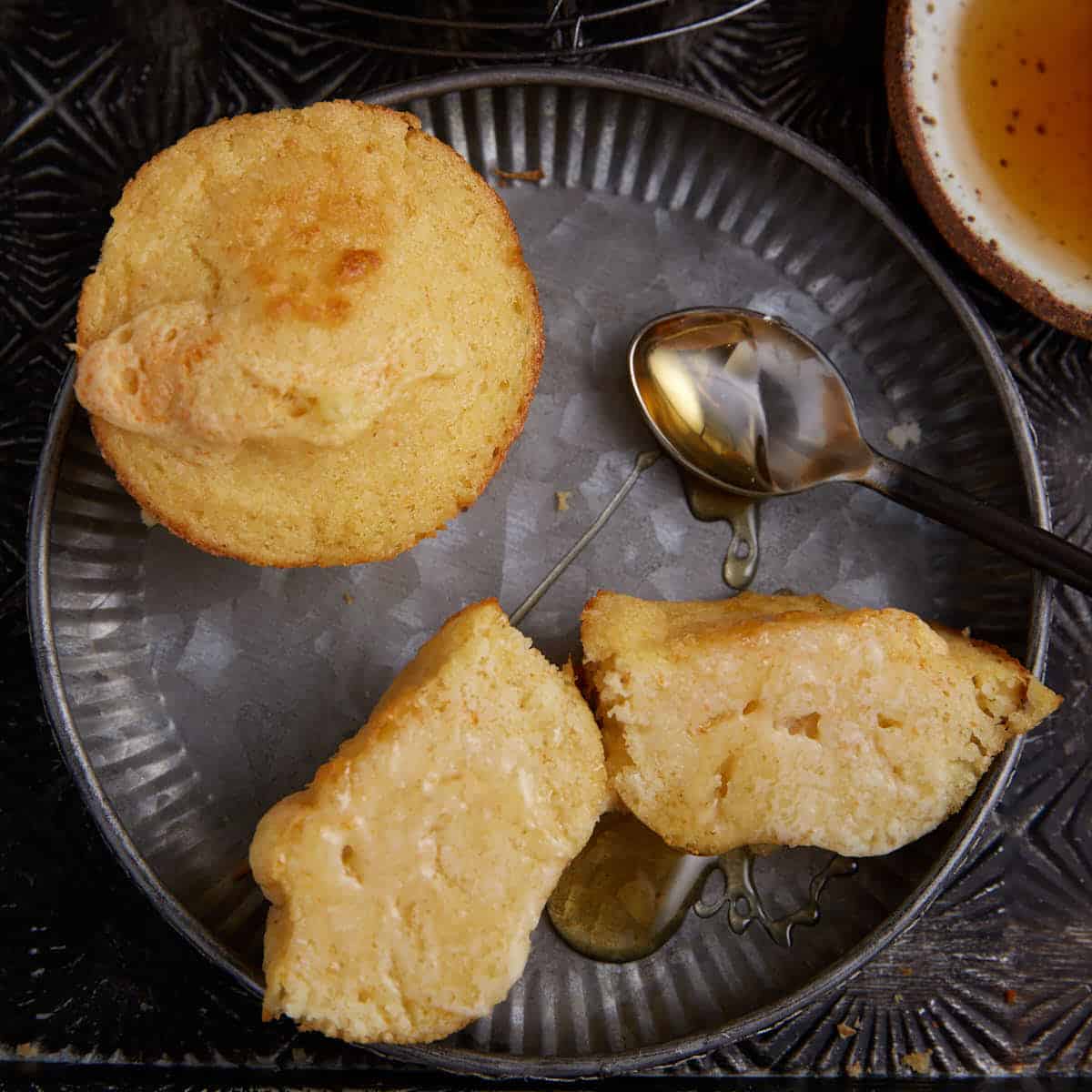 Honey drizzled on a cornmeal muffin.