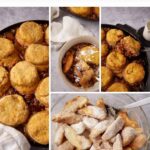A collage shows a gooey Apple Cobbler with Sweet Potato Biscuits in a skillet, some served on a plate, and sugar-coated apple slices ready to bake. Text reads: "Gooey Apple Cobbler with Sweet Potato.