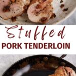 A pork tenderloin stuffed with fig butter sliced on a platter.