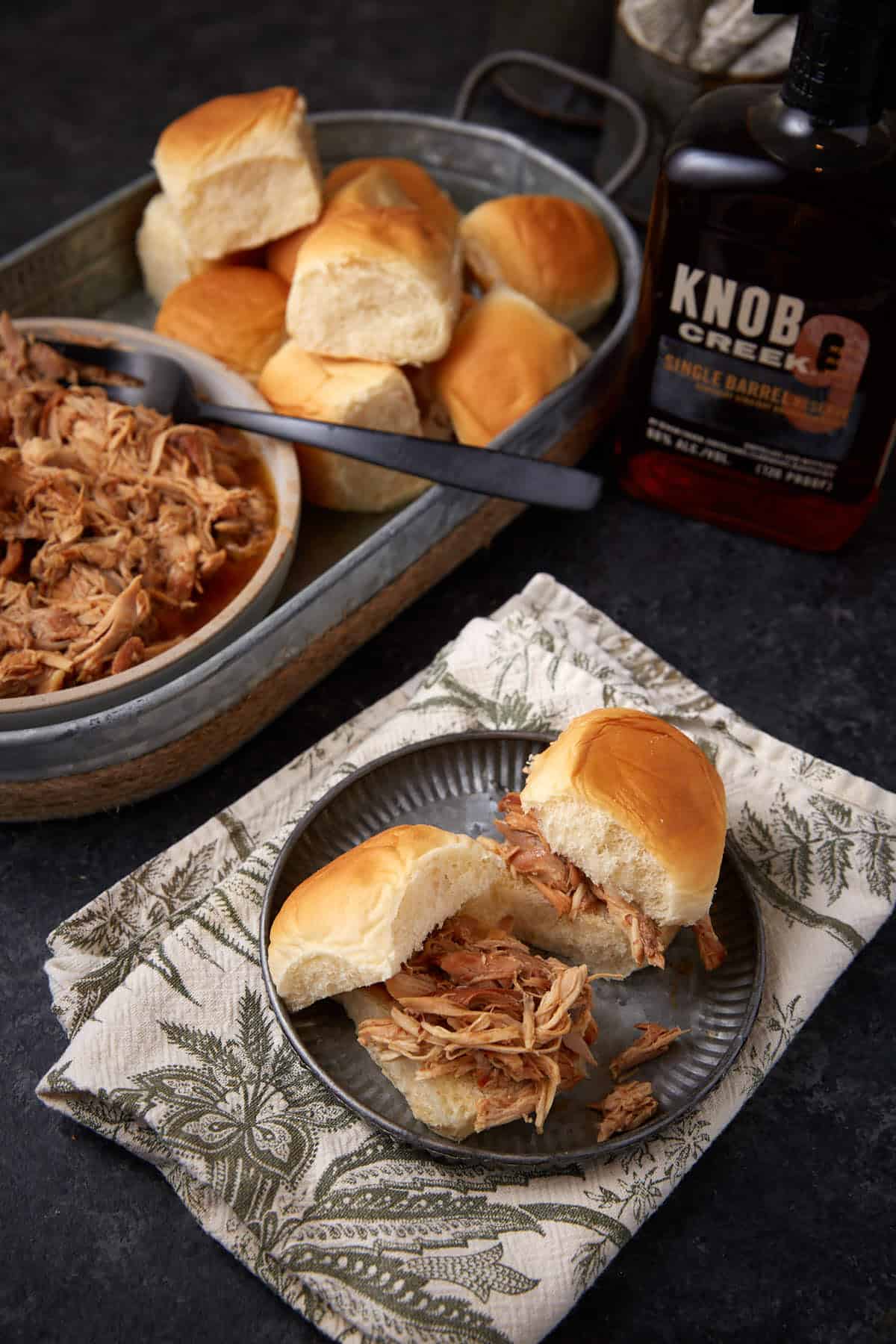 Bourbon bbq chicken sandwiches on a plate. 
