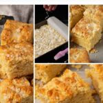 Collage showing golden, fluffy cornbread biscuits. One image has a hand sprinkling salt on dough in a pan. Close-ups reveal baked, cut biscuits with a golden crust. Text reads: "Fluffy Cornbread Biscuits Recipe.