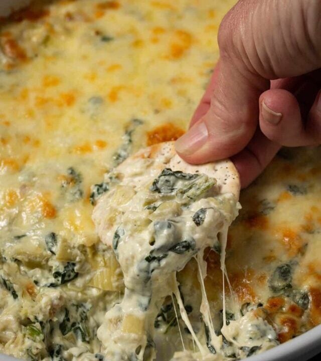 A scoop of spinach artichoke dip on a cracker.