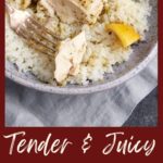 A plate of lemon garlic chicken on rice.