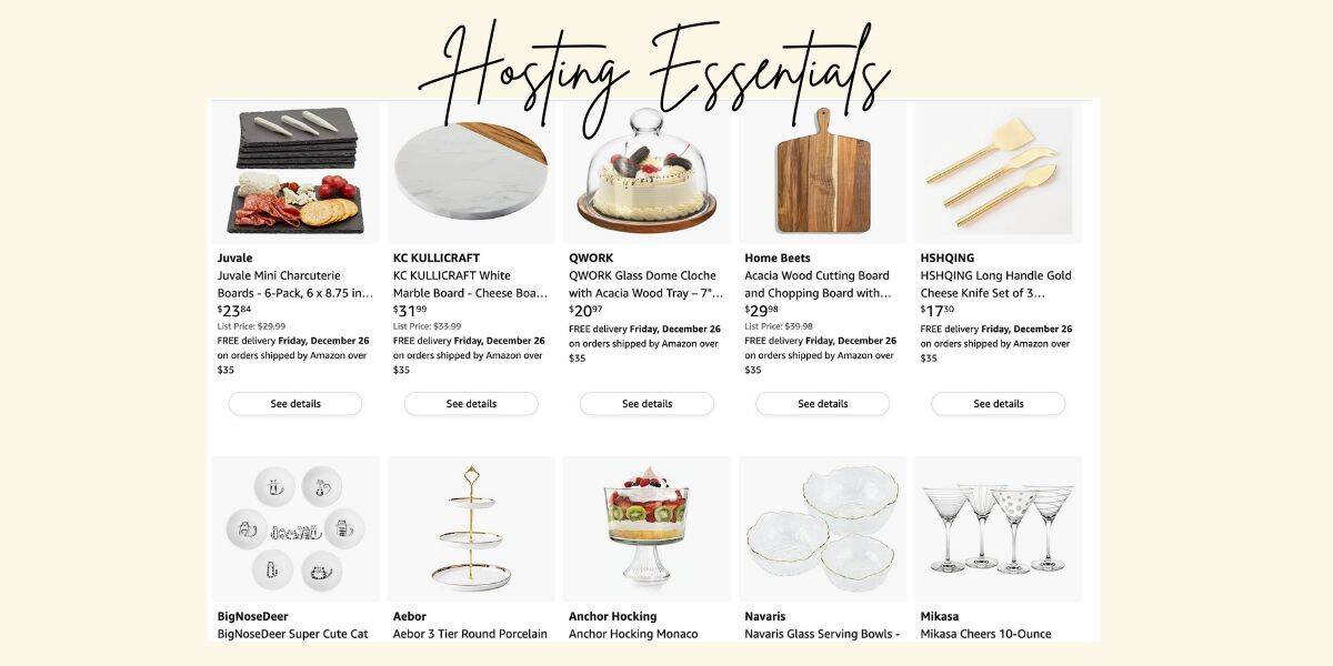 A collage titled "Hosting Essentials" displays various hosting products, from cutting boards and a cheese knife set to plates and serving bowls—perfect for presenting tasty bites like Sausage Phyllo Cups alongside your stemless wine glasses.