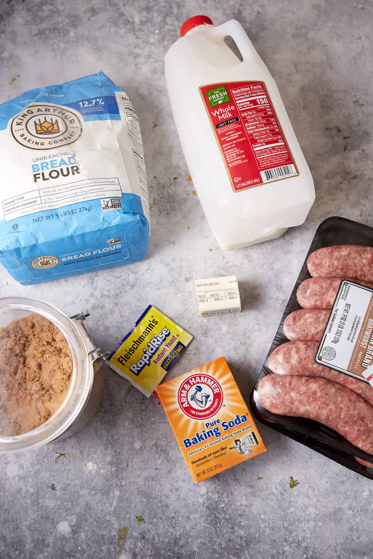 The ingredients for bratwurst rolls.