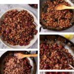 Collage showing Wild Rice with Roasted Grapes. Images include cooked wild rice with grapes in a skillet and bowl, toasted pecans, lemon halves, and close-ups of the mixing and serving process. Recipe label: "Wild Rice with Roasted Grapes.