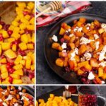 Collage of Butternut Squash with Cranberries and Feta on a black plate, featuring diced squash, pomegranate seeds, honey, and a red plaid napkin for a festive touch.