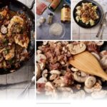 A collage shows easy chicken marsala with mushrooms in a skillet, raw ingredients like chicken and broth, close-ups of mushrooms and prosciutto cooking, and a plated serving on pasta. Text reads: “Chicken Marsala with Mushrooms.”.