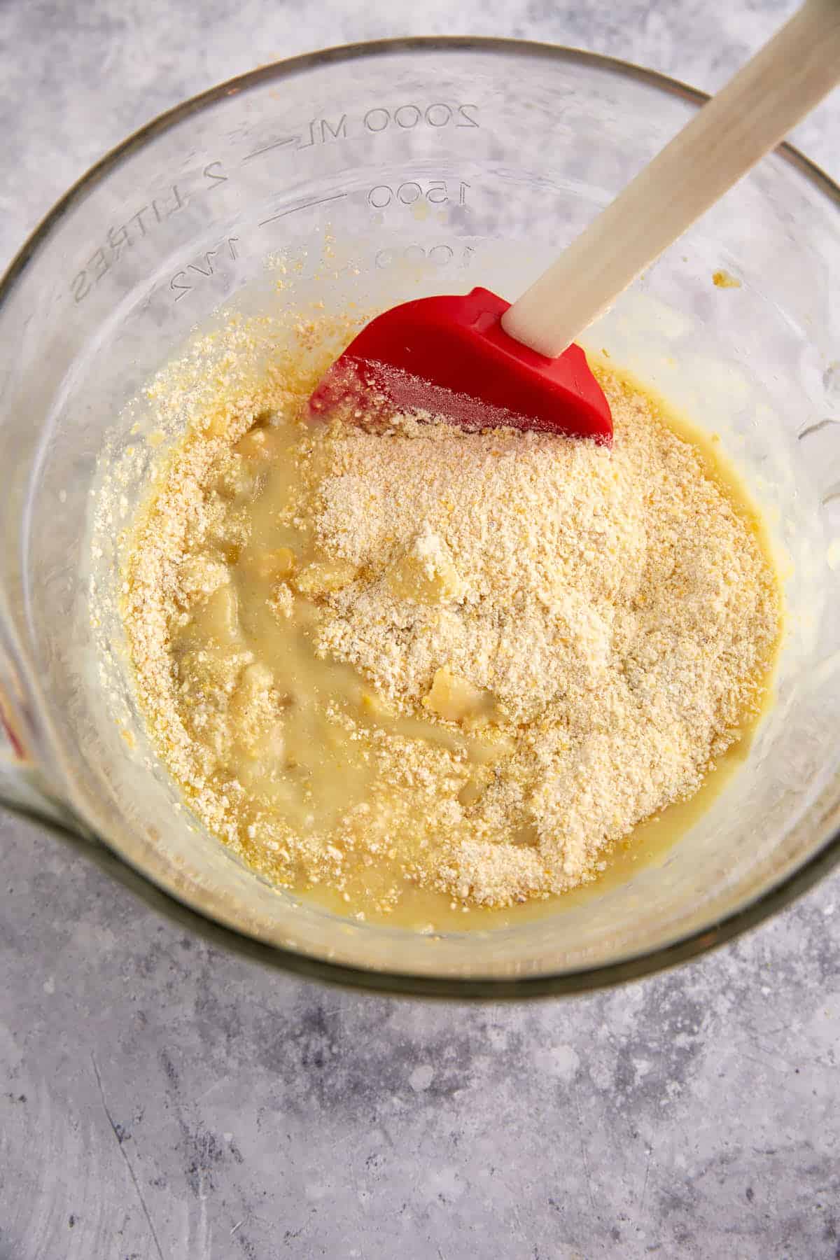 Dry ingredients added to the wet ingredients.