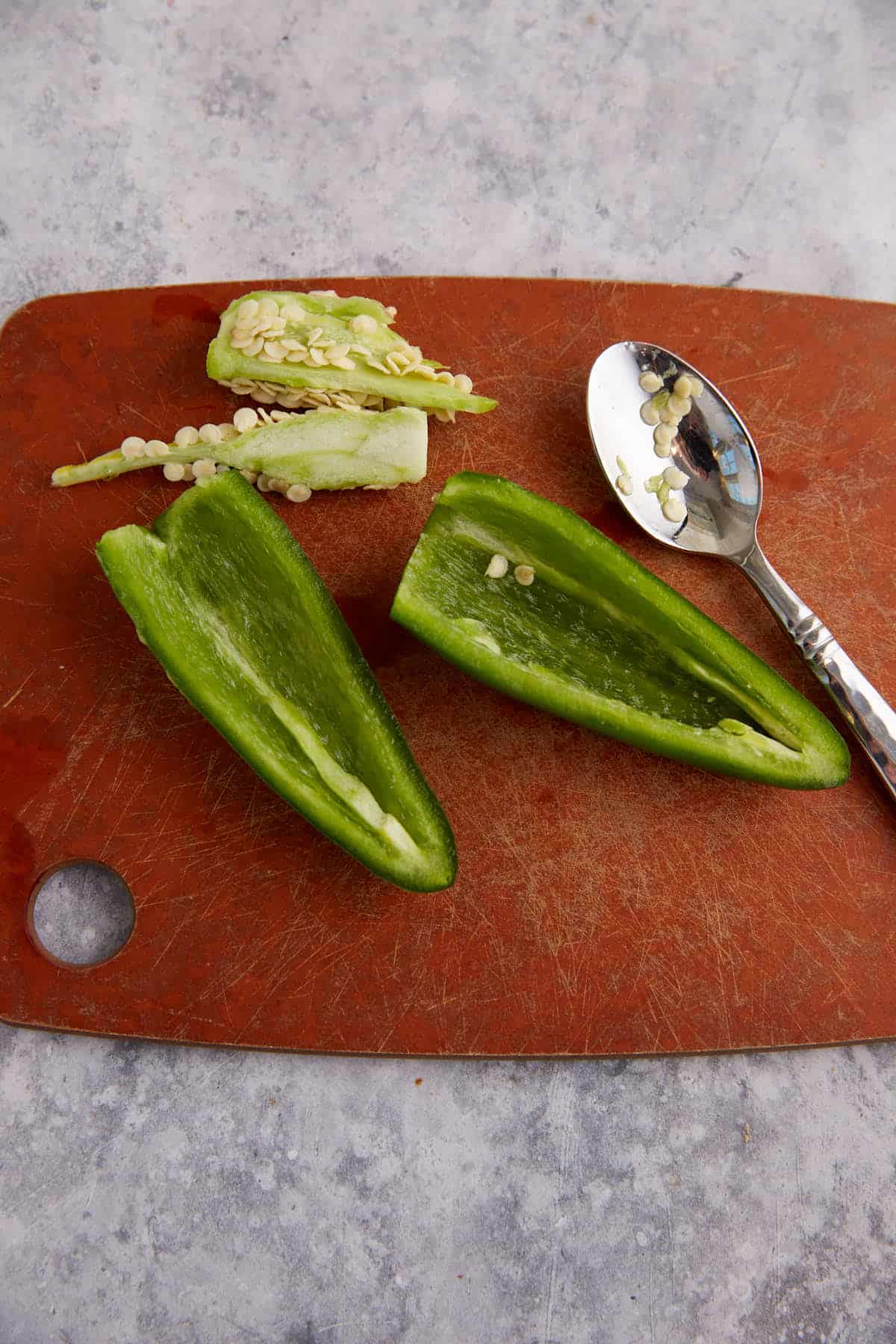 A jalapeno pepper with the seeds removed.