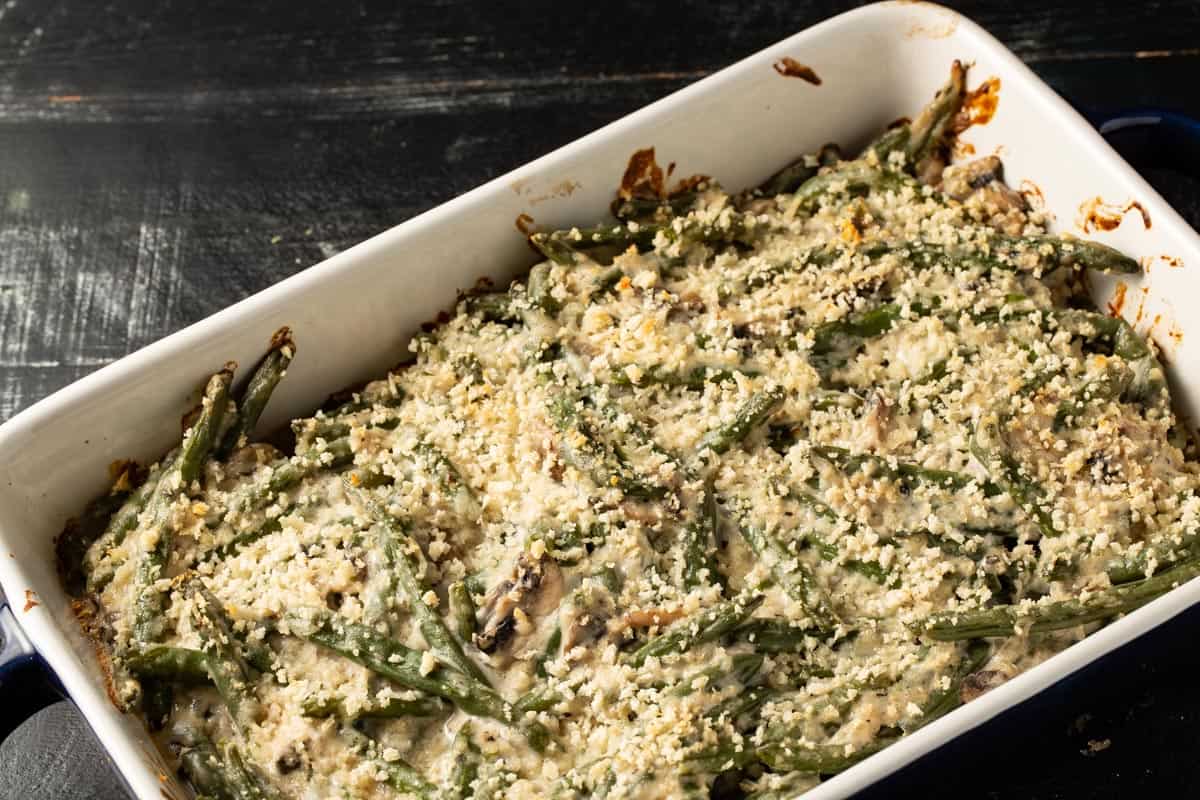 Baked green bean casserole before onions are added.