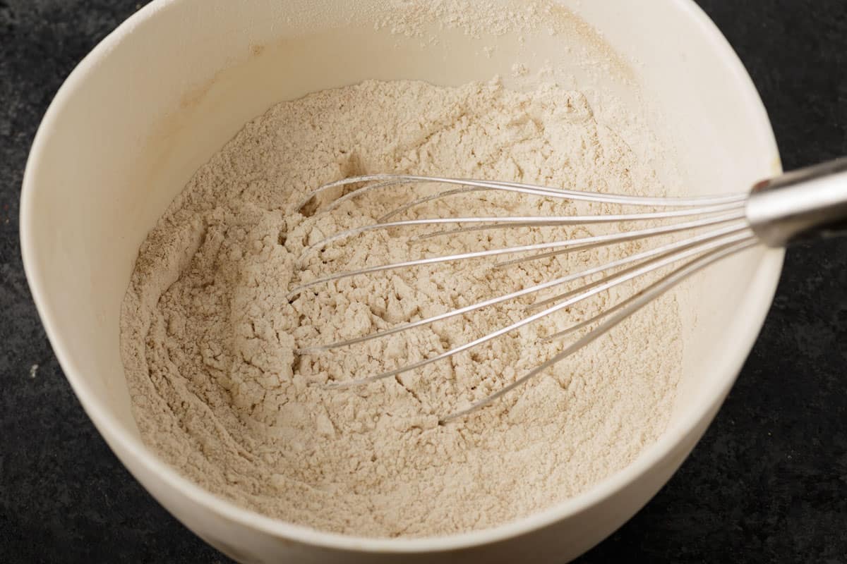 The dry ingredients in a mixing bowl.