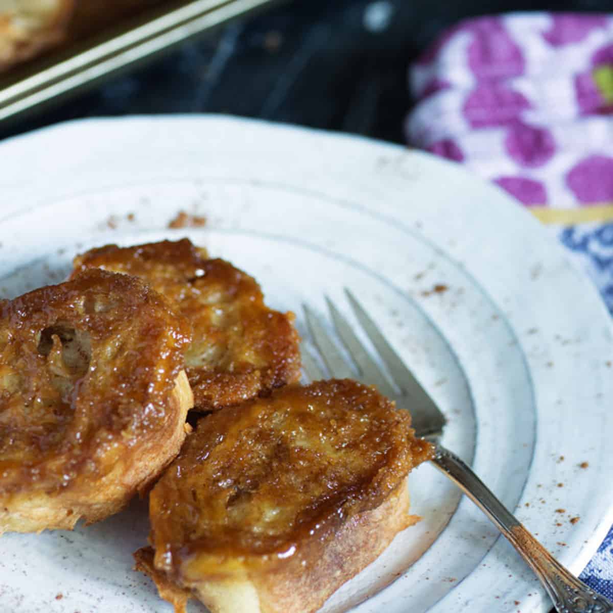 French toast coated in a caramel glaze.