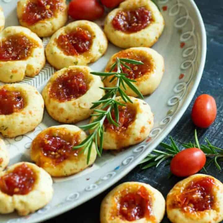 A platter of thumbprint cookies.