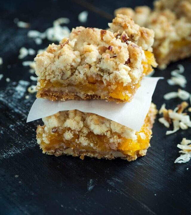 Two apricot bars stacked on top of each other.