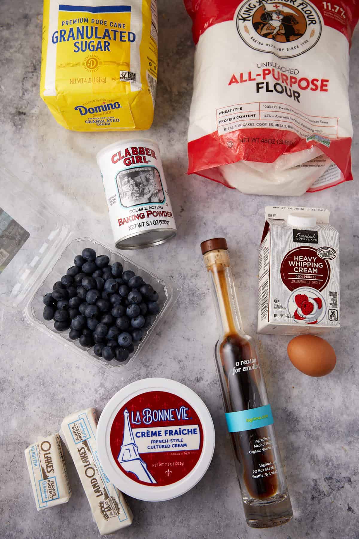 Ingredients for blueberry scones with creme fraiche.