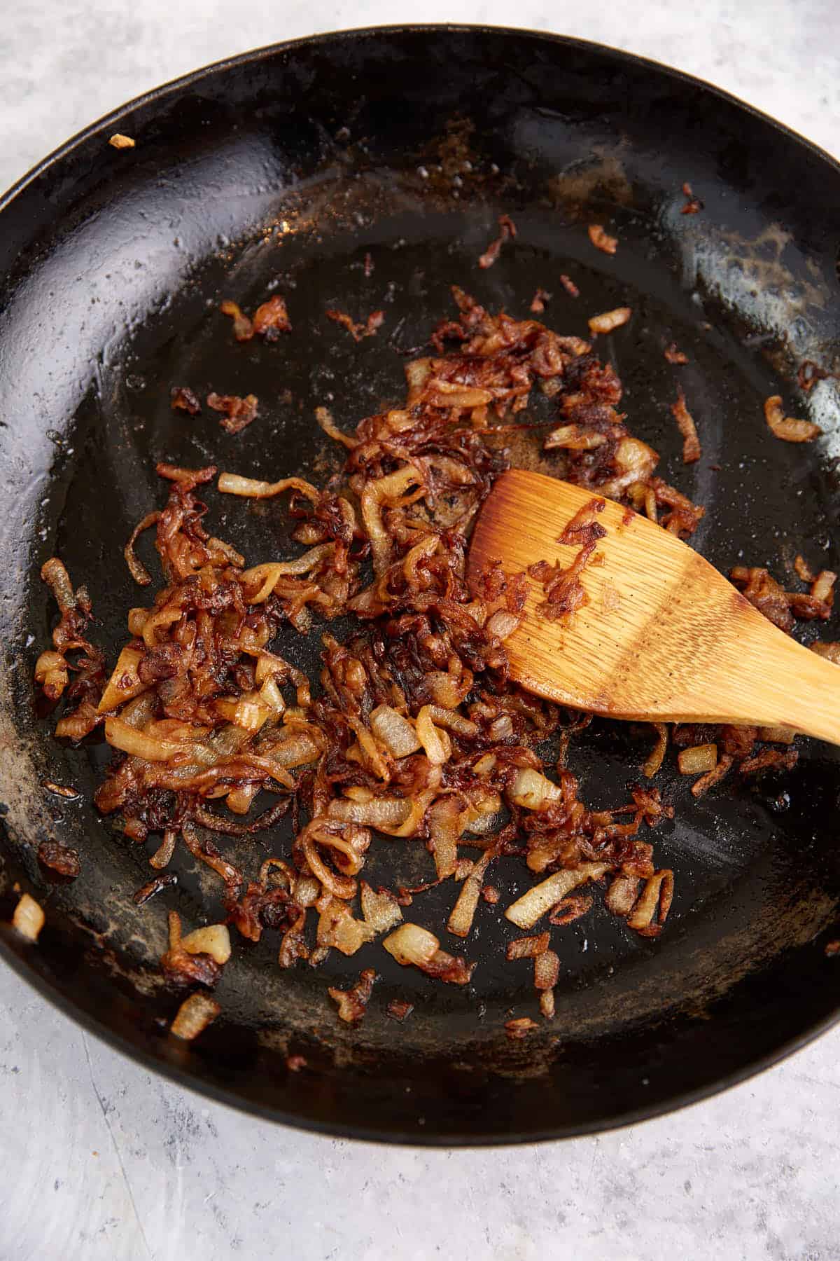 A skillet of caramelized onions.