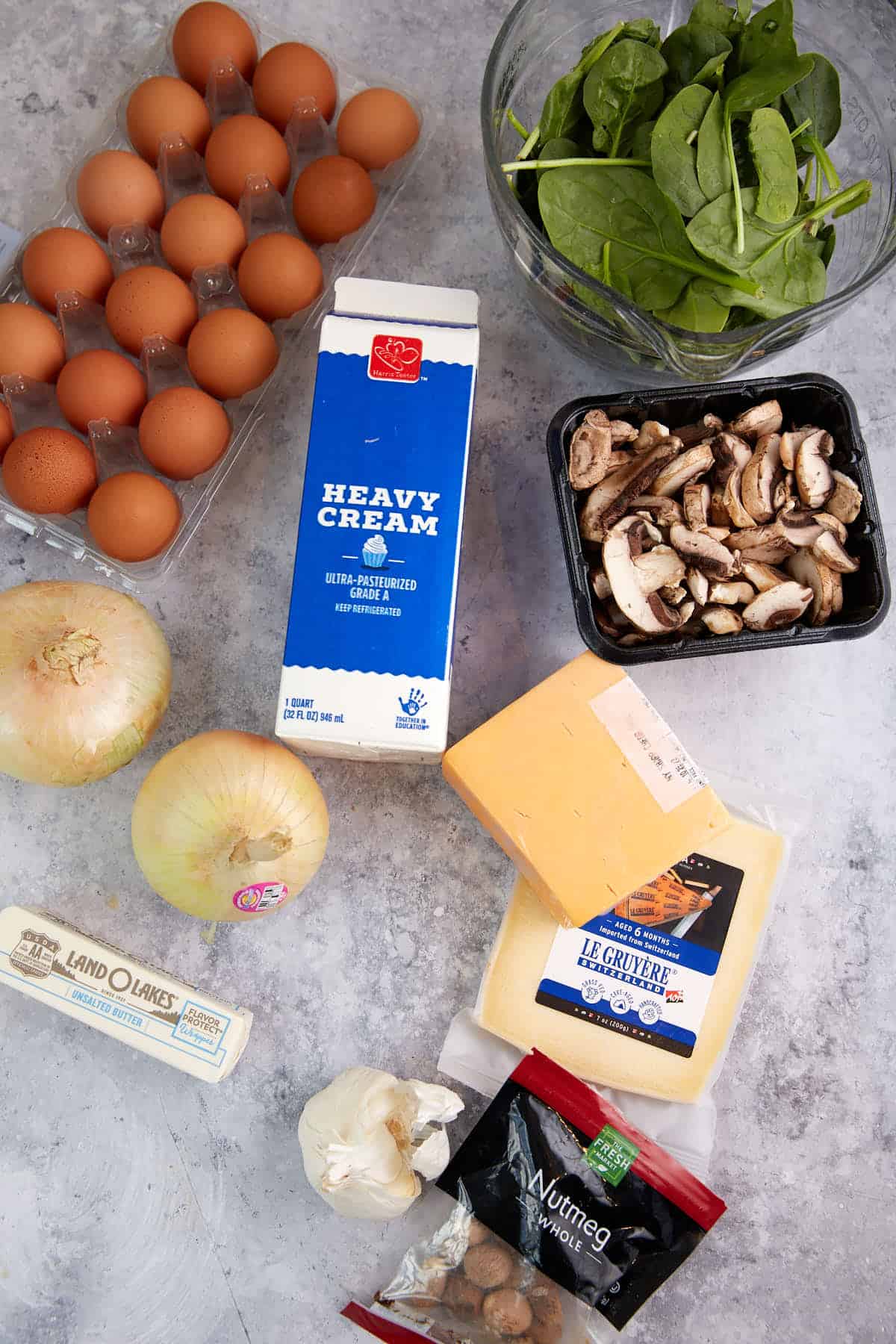 The ingredients you'll need for a spinach quiche.