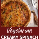 A baked spinach quiche with caramelized onions.