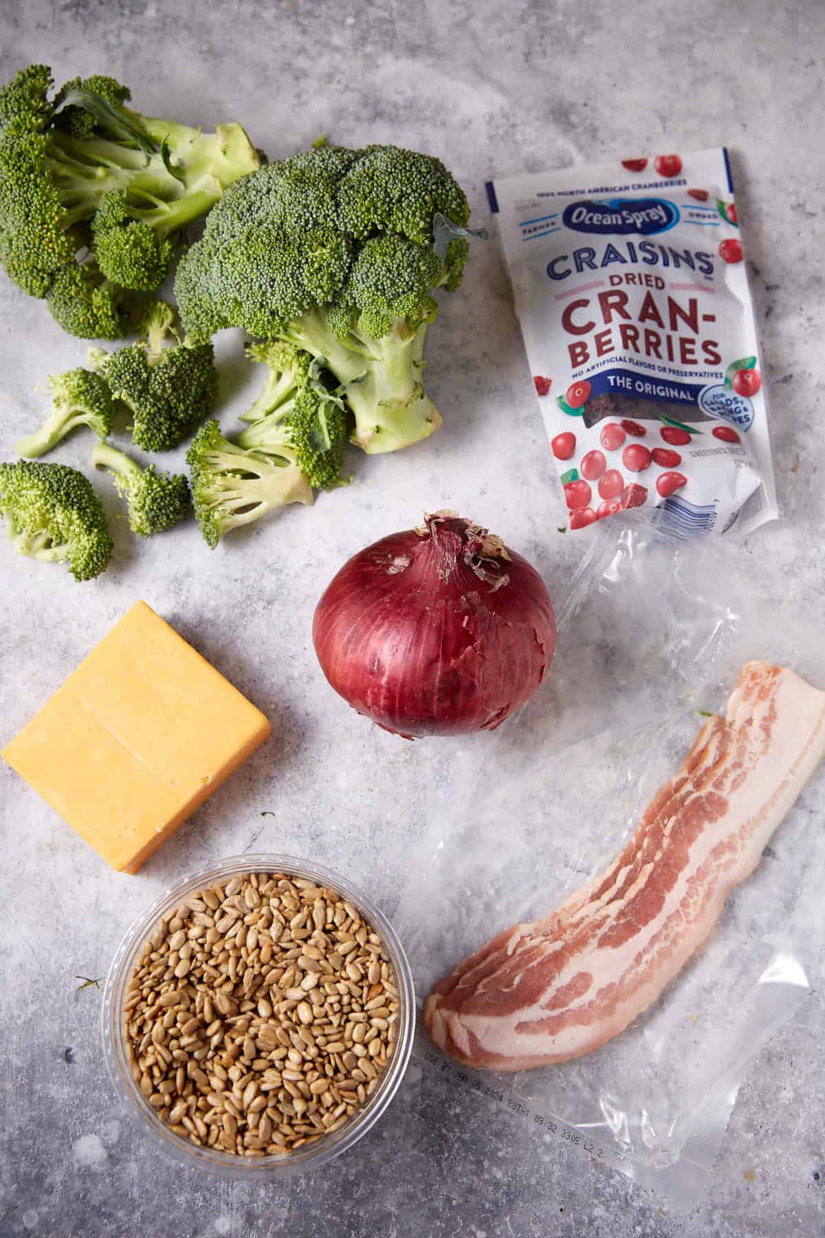 The ingredients for broccoli salad.