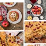 A collage showcases Apple Pomegranate Cobbler: baked golden crust topped with whipped cream and pomegranate seeds, ingredients including apples and pomegranate, plus close-up shots of servings on plates and in a baking dish.