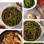 A collage shows steps to make Green Beans with Bacon and Onions: crispy bacon pieces, fresh green beans, sliced onion and bacon, caramelized onions in a pan, and the finished dish of green beans mixed with bacon and onions.