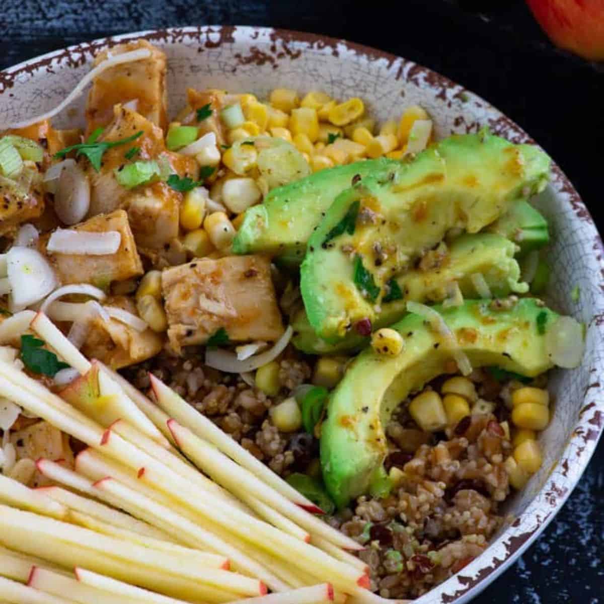 A bbq chicken and rice bowl.