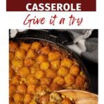 A skillet of ground beef tater tot casserole.