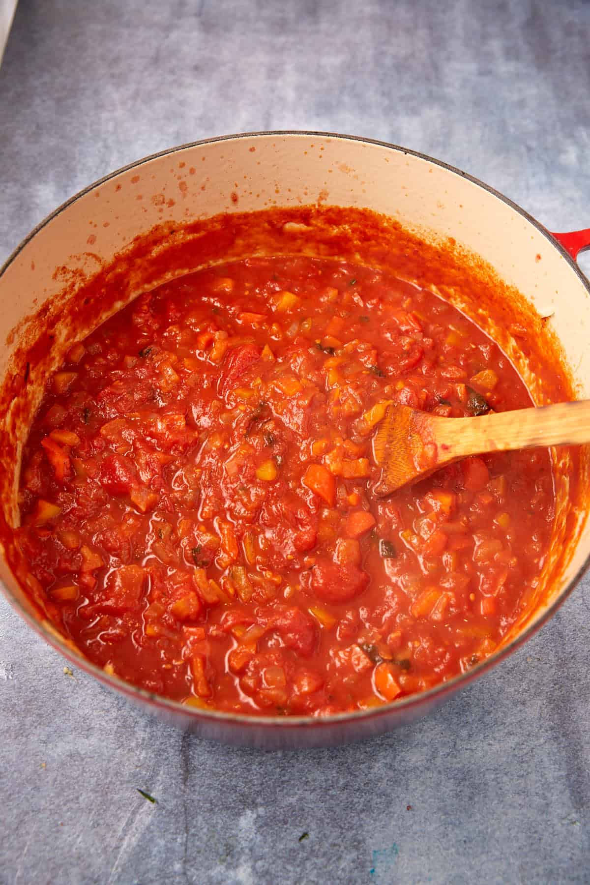 Vegetables simmered in a Dutch oven.