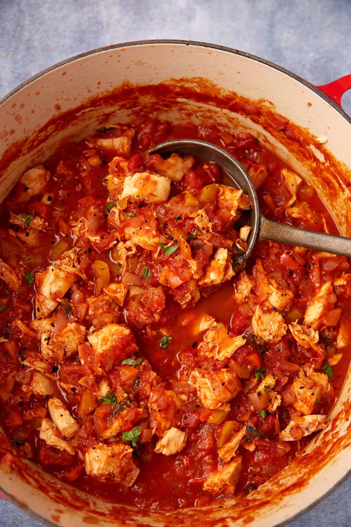 Chicken with chicken added to a large pot.