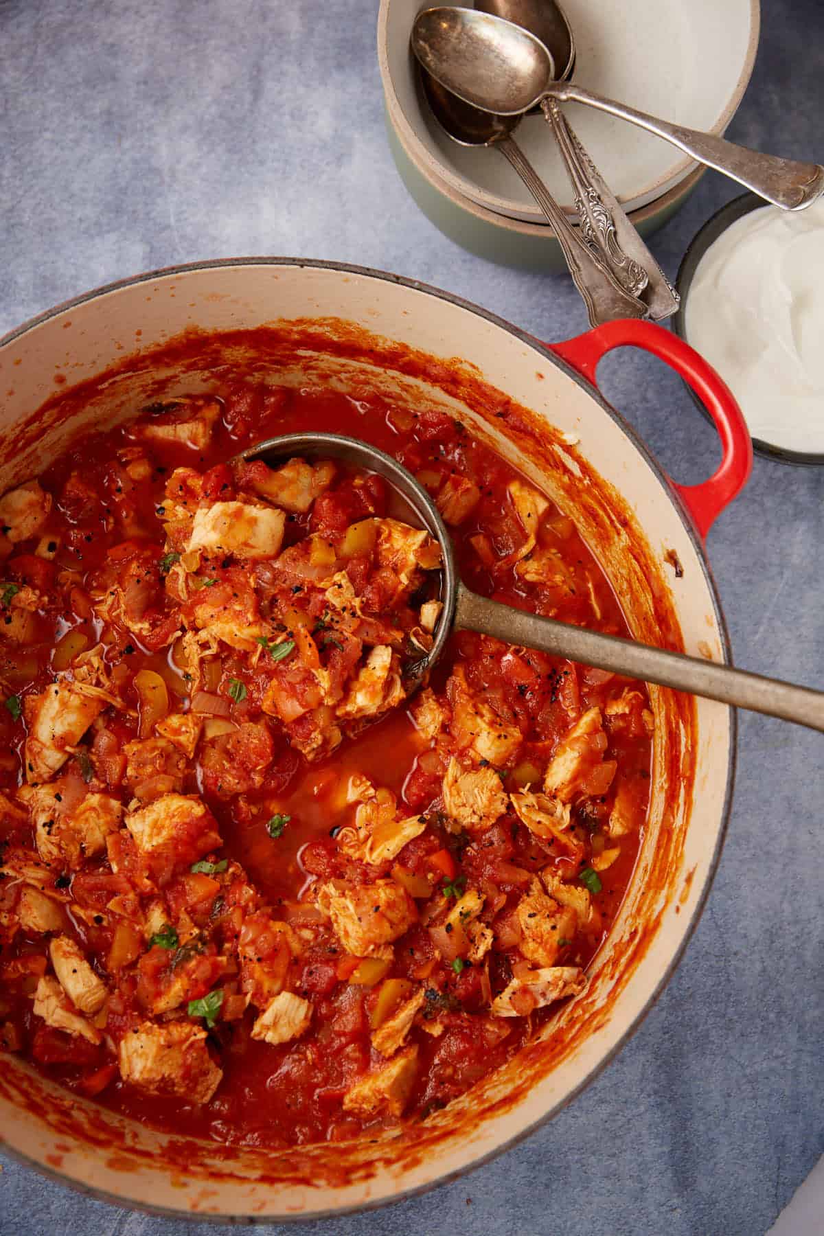 A pot of chicken chili with a soup ladle. 