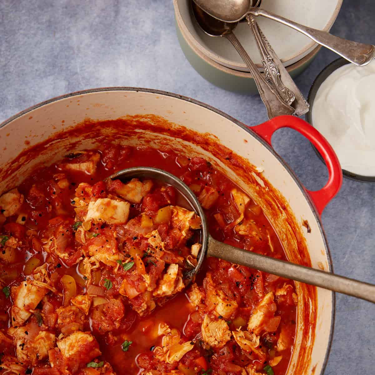 A ladle scooping out chicken chili from a Dutch oven.
