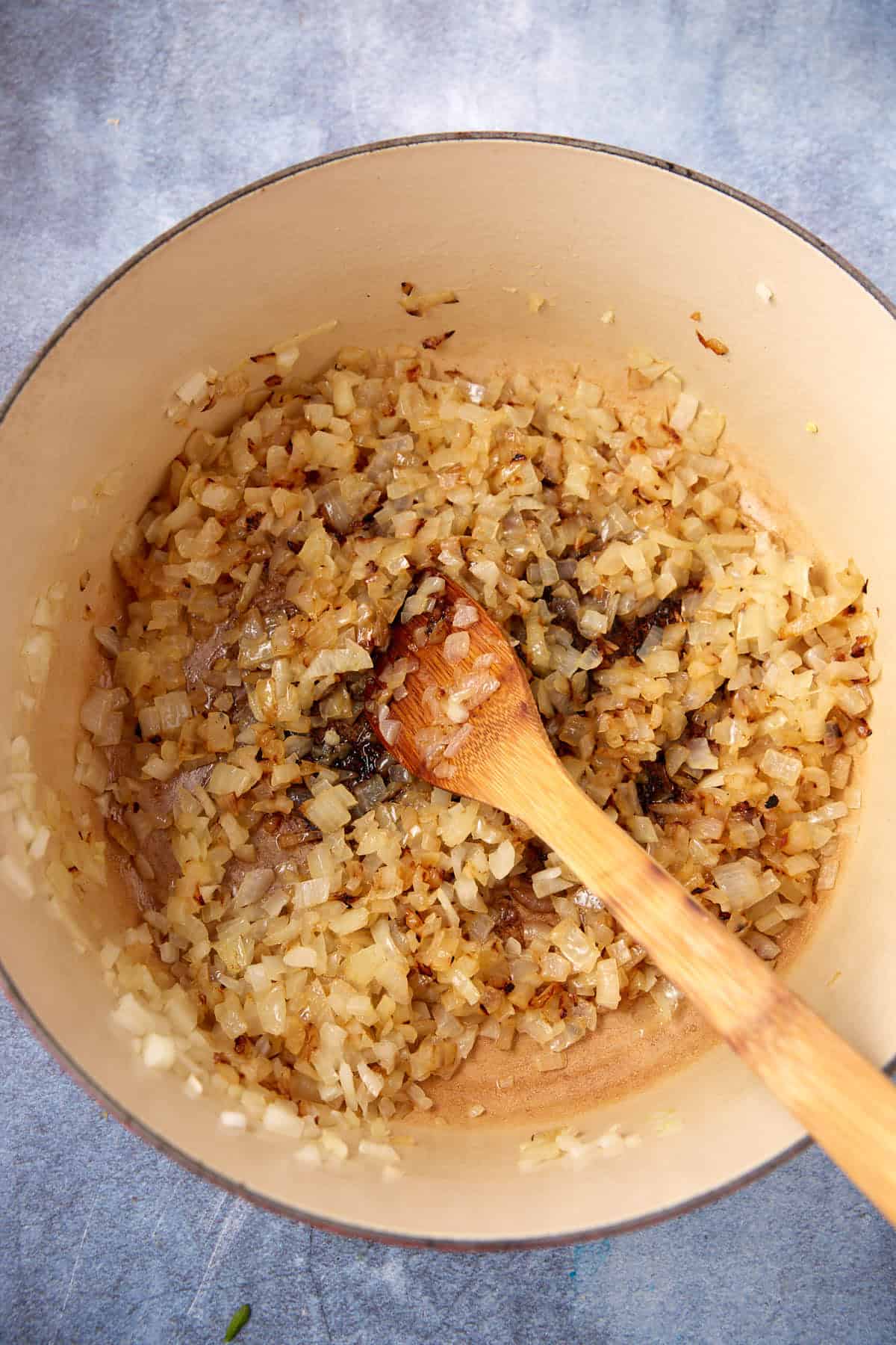 Onions cooked in a Dutch oven.