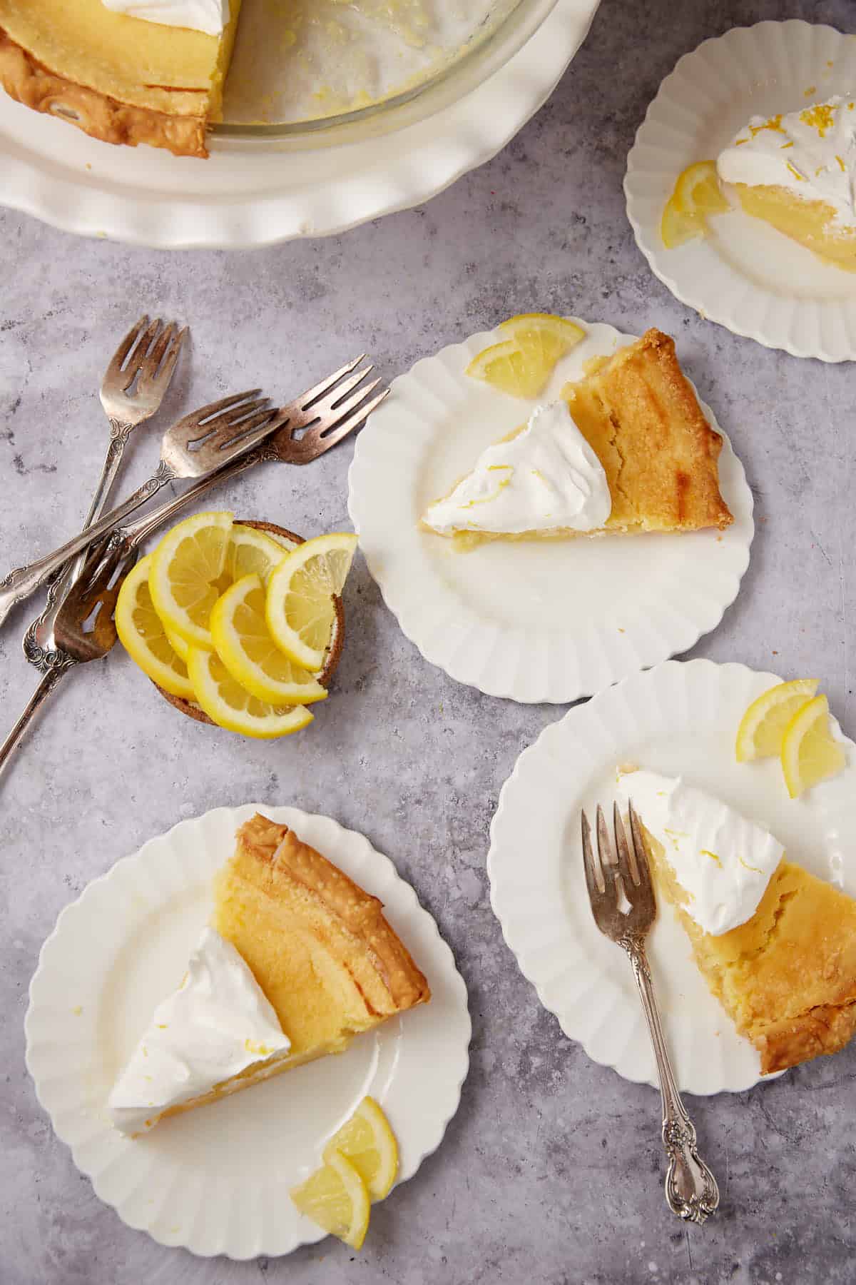 Three slices of lemon chess pie.