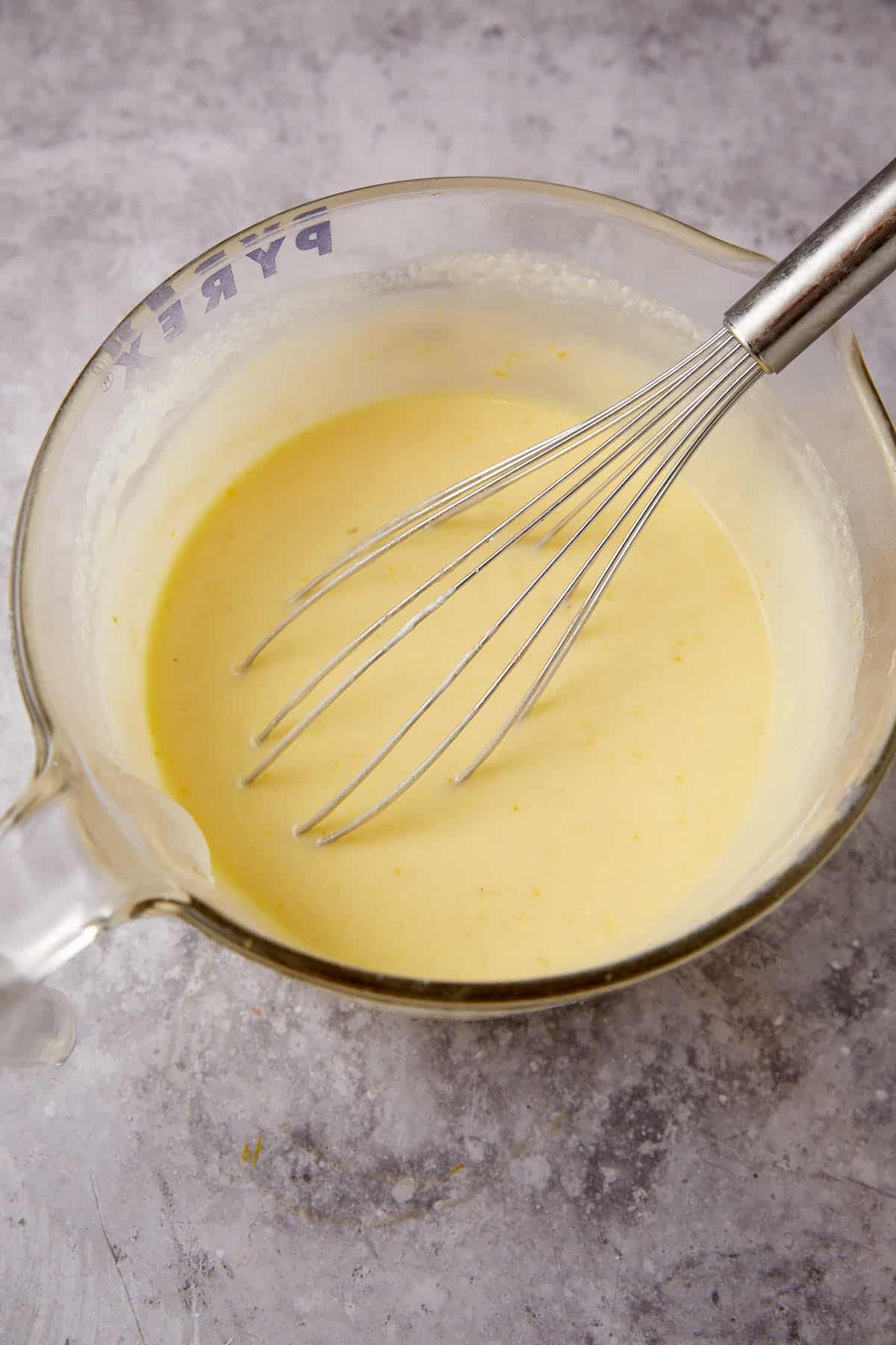 The pie ingredients whisked until pale yellow in a mixing bowl.