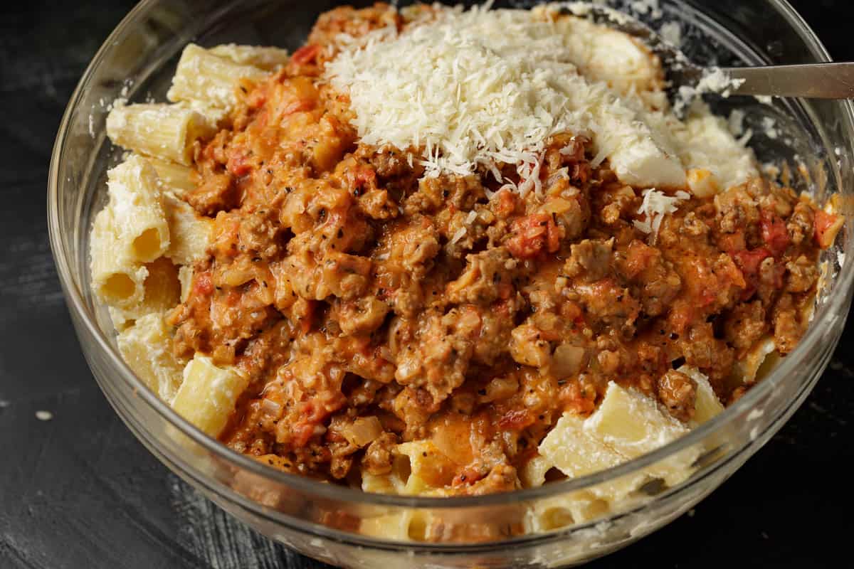 Meat sauce added to the pasta mixture.