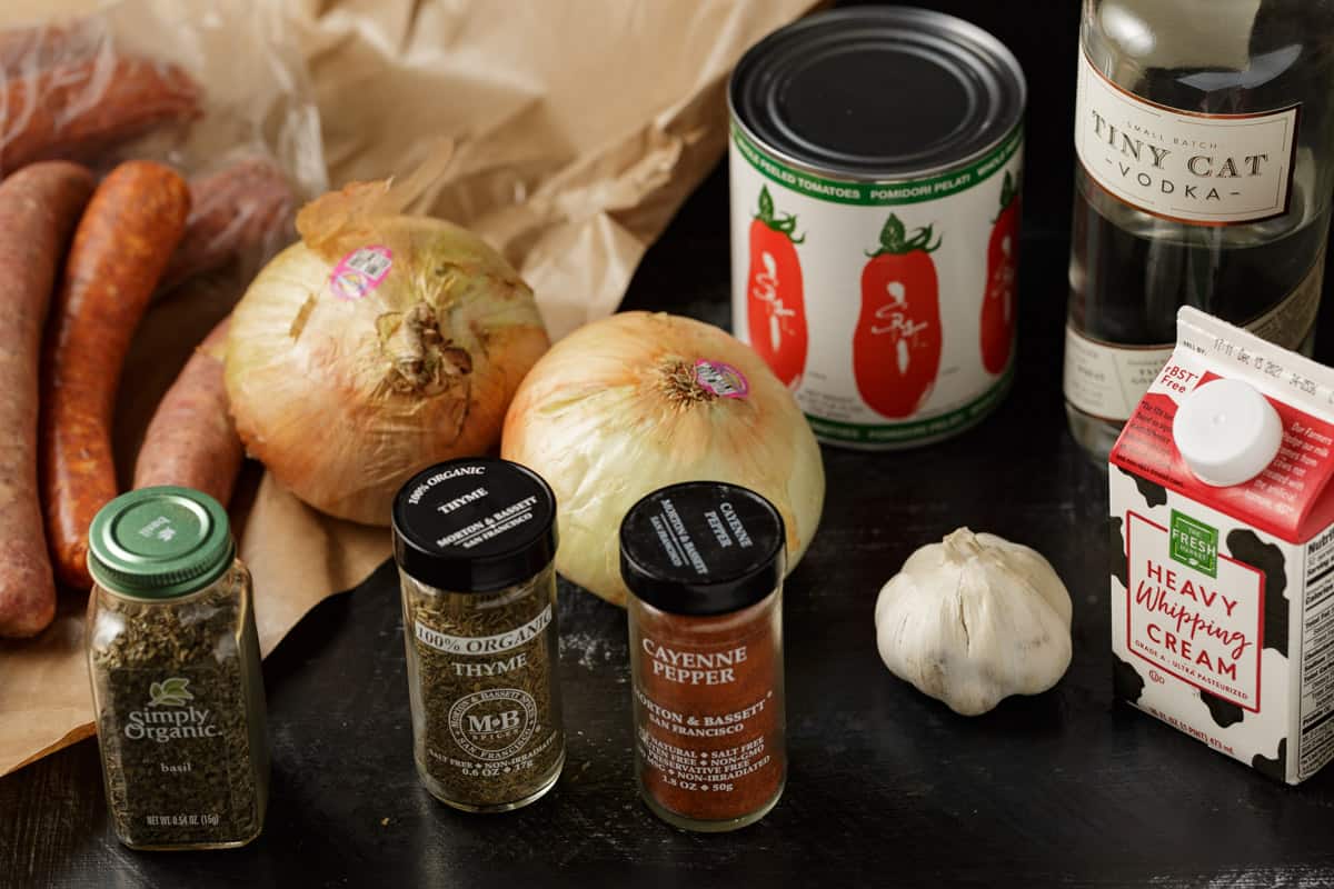 Ingredients for an alla vodka sauce.