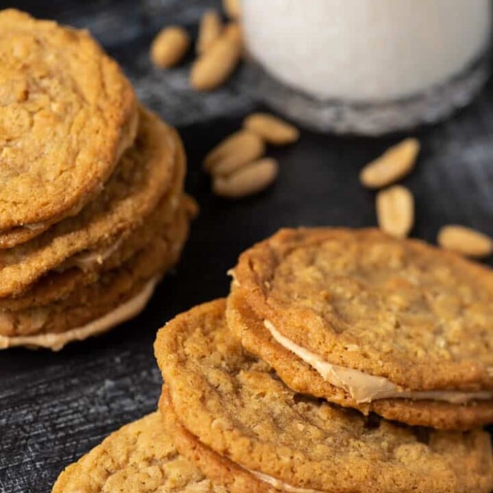 Peanut Butter Sandwich Cookies with a glass of milk